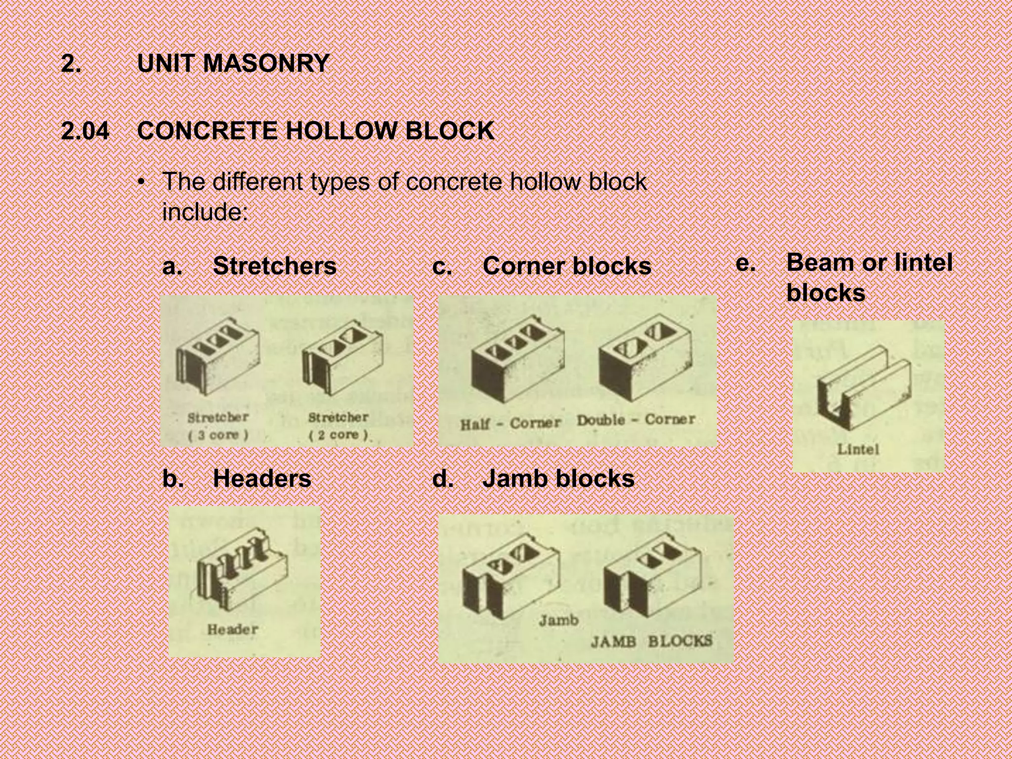 2.     UNIT MASONRY

2.04   CONCRETE HOLLOW BLOCK

       • The different types of concrete hollow block
         include:

         a.   Stretchers         c.   Corner blocks     e.   Beam or lintel
                                                             blocks




         b.   Headers            d.   Jamb blocks
 