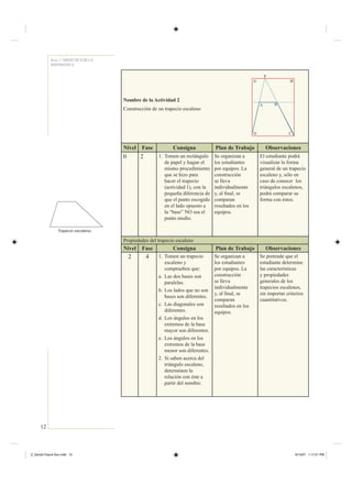 12
Serie 2 / DIDÁCTICA DE LA
MATEMÁTICA
Nombre de la Actividad 2
Construcción de un trapecio escaleno
Nivel Fase Consigna Plan de Trabajo Observaciones
0 2 1. Tomen un rectángulo
de papel y hagan el
mismo procedimiento
que se hizo para
hacer el trapecio
(actividad 1), con la
pequeña diferencia de
que el punto escogido
en el lado opuesto a
la “base” NO sea el
punto medio.
Se organizan a
los estudiantes
por equipos. La
construcción
se lleva
individualmente
y, al ﬁnal, se
comparan
resultados en los
equipos.
El estudiante podrá
visualizar la forma
general de un trapecio
escaleno y, sólo en
caso de conocer los
triángulos escalenos,
podrá comparar su
forma con éstos.
Propiedades del trapecio escaleno
Nivel Fase Consigna Plan de Trabajo Observaciones
2 4 1. Tomen un trapecio
escaleno y
comprueben que:
a. Las dos bases son
paralelas.
b. Los lados que no son
bases son diferentes.
c. Las diagonales son
diferentes.
d. Los ángulos en los
extremos de la base
mayor son diferentes.
e. Los ángulos en los
extremos de la base
menor son diferentes.
2. Si saben acerca del
triángulo escaleno,
determinen la
relación con éste a
partir del nombre.
Se organizan a
los estudiantes
por equipos. La
construcción
se lleva
individualmente
y, al ﬁnal, se
comparan
resultados en los
equipos.
Se pretende que el
estudiante determine
las características
y propiedades
generales de los
trapecios escalenos,
sin importar criterios
cuantitativos.
A B
D C
A'
P
B'
Trapecio escaleno.
Z_Serie2-Fasc4-Doc.indd 12Z_Serie2-Fasc4-Doc.indd 12 6/13/07 1:17:21 PM6/13/07 1:17:21 PM
 