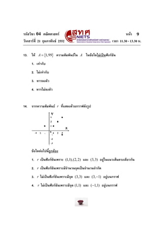 รหัสวิชา 04 คณิตศาสตร                                               หนา 9
วันเสารที่ 21 กุมภาพันธ 2552                              เวลา 11.30 - 13.30 น.

13.   ให A = {1,99} ความสัมพันธใน A ในขอใดไมเปนฟงกชัน
      1. เทากับ
      2. ไมเทากับ
      3. หารลงตัว
      4. หารไมลงตัว


14.   จากความสัมพันธ r ที่แสดงดวยกราฟดังรูป




      ขอใดตอไปนี้ถูกตอง
      1. r เปนฟงกชันเพราะ (1,1),(2, 2) และ (3,3) อยูในแนวเสนตรงเดียวกัน
      2. r เปนฟงกชันเพราะมีจํานวนจุดเปนจํานวนจํากัด
      3. r ไมเปนฟงกชันเพราะมีจด (3,3) และ (3, −1) อยูบนกราฟ
                                  ุ
      4. r ไมเปนฟงกชันเพราะมีจุด (1,1) และ (−1,1) อยูบนกราฟ
 