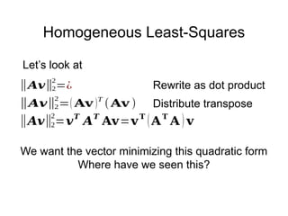 Homogeneous Least-Squares
Let’s look at
‖𝑨𝒗‖2
2
=¿ Rewrite as dot product
‖𝑨𝒗‖2
2
=𝒗𝑻
𝑨𝑻
𝐀𝐯=𝐯𝐓
(𝐀𝐓
𝐀 ) 𝐯
‖𝑨𝒗‖2
2
=( 𝐀𝐯 )T
(𝐀𝐯 ) Distribute transpose
We want the vector minimizing this quadratic form
Where have we seen this?
 