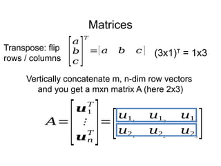 Matrices
Vertically concatenate m, n-dim row vectors
and you get a mxn matrix A (here 2x3)
𝐴=
[
𝒖1
𝑇
⋮
𝒖𝑛
𝑇 ]=
[𝑢11
𝑢12
𝑢13
𝑢21
𝑢22
𝑢23
]
Transpose: flip
rows / columns [
𝑎
𝑏
𝑐 ]
𝑇
=[𝑎 𝑏 𝑐 ] (3x1)T
= 1x3
 