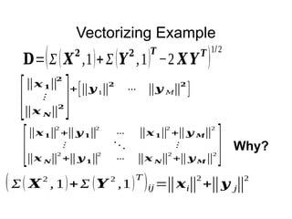 Vectorizing Example
𝐃=(Σ(𝑿
𝟐
,1)+Σ(𝒀
𝟐
,1)
𝑻
−2 𝑿𝒀
𝑻
)
1/2
[
‖𝒙𝟏‖
𝟐
⋮
‖𝒙 𝑵‖
𝟐 ]+[‖𝒚 1‖
𝟐
⋯ ‖𝒚 𝑀‖
𝟐
]
(Σ( 𝑿
2
, 1)+Σ (𝒀
2
,1)
𝑇
)𝑖𝑗=‖𝒙𝑖‖
2
+‖𝒚 𝑗‖
2
[
‖𝒙𝟏‖
2
+‖𝒚 𝟏‖
2
⋯ ‖𝒙𝟏‖
2
+‖𝒚 𝑴‖
2
⋮ ⋱ ⋮
‖𝒙 𝑵‖
2
+‖𝒚 𝟏‖
2
⋯ ‖𝒙 𝑵‖
2
+‖𝒚 𝑴‖
2 ] Why?
 