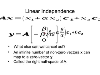 Linear Independence
𝑨𝒙 =( 𝑥1 + 𝛼 𝑥 2 ) 𝒄 𝟏+ 𝑥 3 𝒄𝟐
• An infinite number of non-zero vectors x can
map to a zero-vector y
• Called the right null-space of A.
𝒚 = 𝑨
[
𝛽
− 𝛽 / 𝛼
0 ]
¿(𝛽− 𝛼
𝛽
𝛼)𝒄𝟏+0𝒄𝟐
• What else can we cancel out?
 