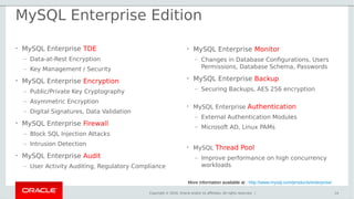 Copyright © 2016, Oracle and/or its affiliates. All rights reserved. |
MySQL Enterprise Edition
• MySQL Enterprise TDE
– Data-at-Rest Encryption
– Key Management / Security
• MySQL Enterprise Encryption
– Public/Private Key Cryptography
– Asymmetric Encryption
– Digital Signatures, Data Validation
• MySQL Enterprise Firewall
– Block SQL Injection Attacks
– Intrusion Detection
• MySQL Enterprise Audit
– User Activity Auditing, Regulatory Compliance
14
• MySQL Enterprise Monitor
– Changes in Database Configurations, Users
Permissions, Database Schema, Passwords
• MySQL Enterprise Backup
– Securing Backups, AES 256 encryption
• MySQL Enterprise Authentication
– External Authentication Modules
– Microsoft AD, Linux PAMs
• MySQL Thread Pool
– Improve performance on high concurrency
workloads
More information available at : http://www.mysql.com/products/enterprise/
 