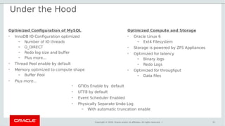 Copyright © 2016, Oracle and/or its affiliates. All rights reserved. |
Under the Hood
Optimized Configuration of MySQL
• InnoDB IO Configuration optimized
– Number of IO threads
– O_DIRECT
– Redo log size and buffer
– Plus more...
• Thread Pool enable by default
• Memory optimized to compute shape
– Buffer Pool
• Plus more...
31
Optimized Compute and Storage
• Oracle Linux 6
– Ext4 Filesystem
• Storage is powered by ZFS Appliances
• Optimized for latency
– Binary logs
– Redo Logs
• Optimized for throughput
– Data files
• GTIDs Enable by default
• UTF8 by default
• Event Scheduler Enabled
• Physically Separate Undo Log
– With automatic truncation enable
 