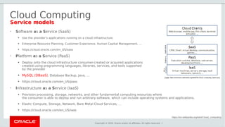 Copyright © 2016, Oracle and/or its affiliates. All rights reserved. |
Cloud Computing
• Software as a Service (SaaS)
●
Use the provider’s applications running on a cloud infrastructure
●
Enterprise Resource Planning, Customer Experience, Human Capital Management, …
●
https://cloud.oracle.com/en_US/saas
• Platform as a Service (PaaS)
●
Deploy onto the cloud infrastructure consumer-created or acquired applications
created using programming languages, libraries, services, and tools supported
by the provider
●
MySQL (DBaaS), Database Backup, Java, …
●
https://cloud.oracle.com/en_US/paas
• Infrastructure as a Service (IaaS)
●
Provision processing, storage, networks, and other fundamental computing resources where
the consumer is able to deploy and run arbitrary software, which can include operating systems and applications.
●
Elastic Compute, Storage, Network, Bare Metal Cloud Services, …
●
https://cloud.oracle.com/en_US/iaas
Service models
https://en.wikipedia.org/wiki/Cloud_computing
Credit: https://commons.wikimedia.org/wiki/File:Cloud_computing_layers.png
 