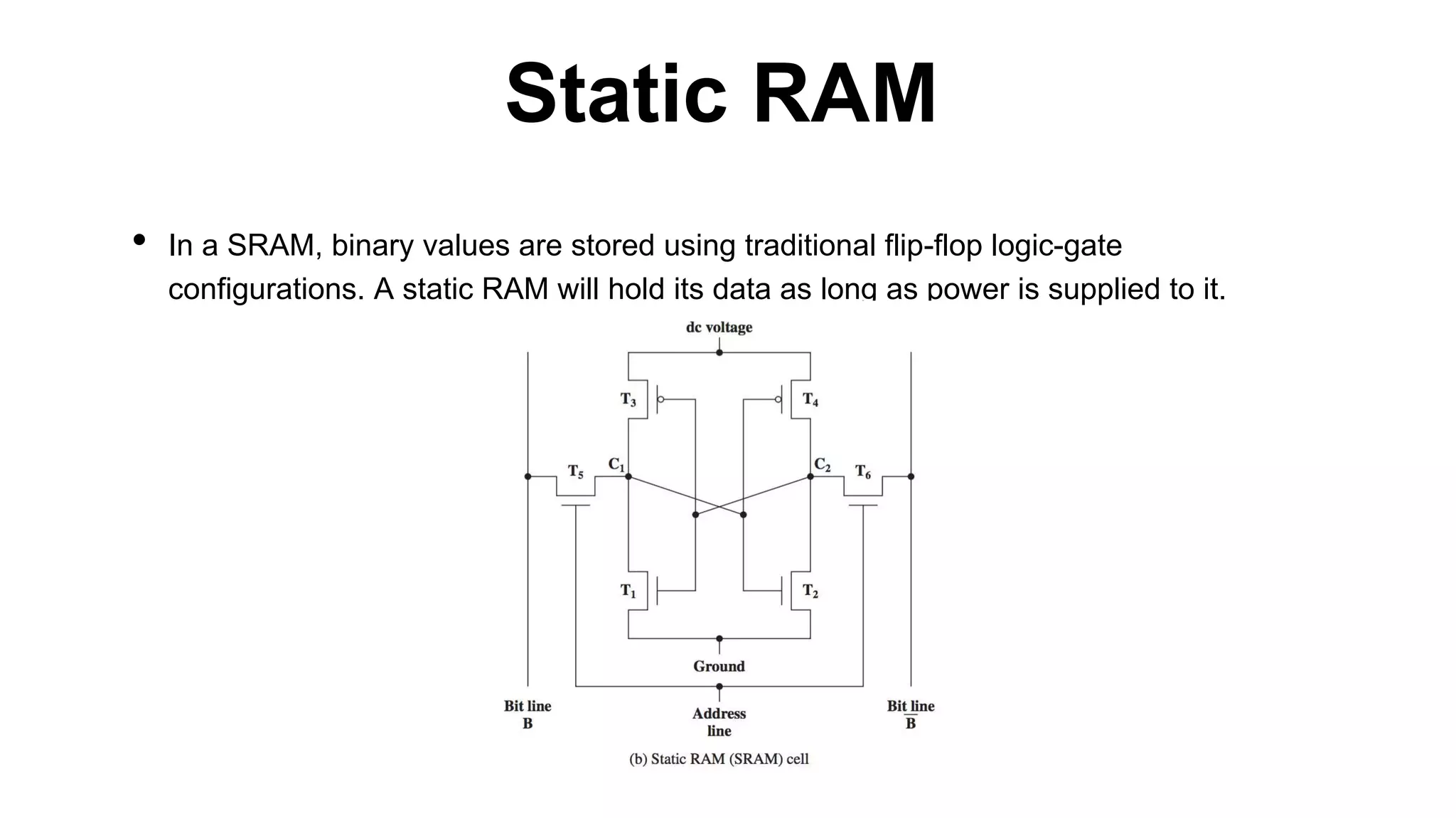 • In a SRAM, binary values are stored using traditional flip-flop logic-gate
configurations. A static RAM will hold its data as long as power is supplied to it.
Static RAM
 