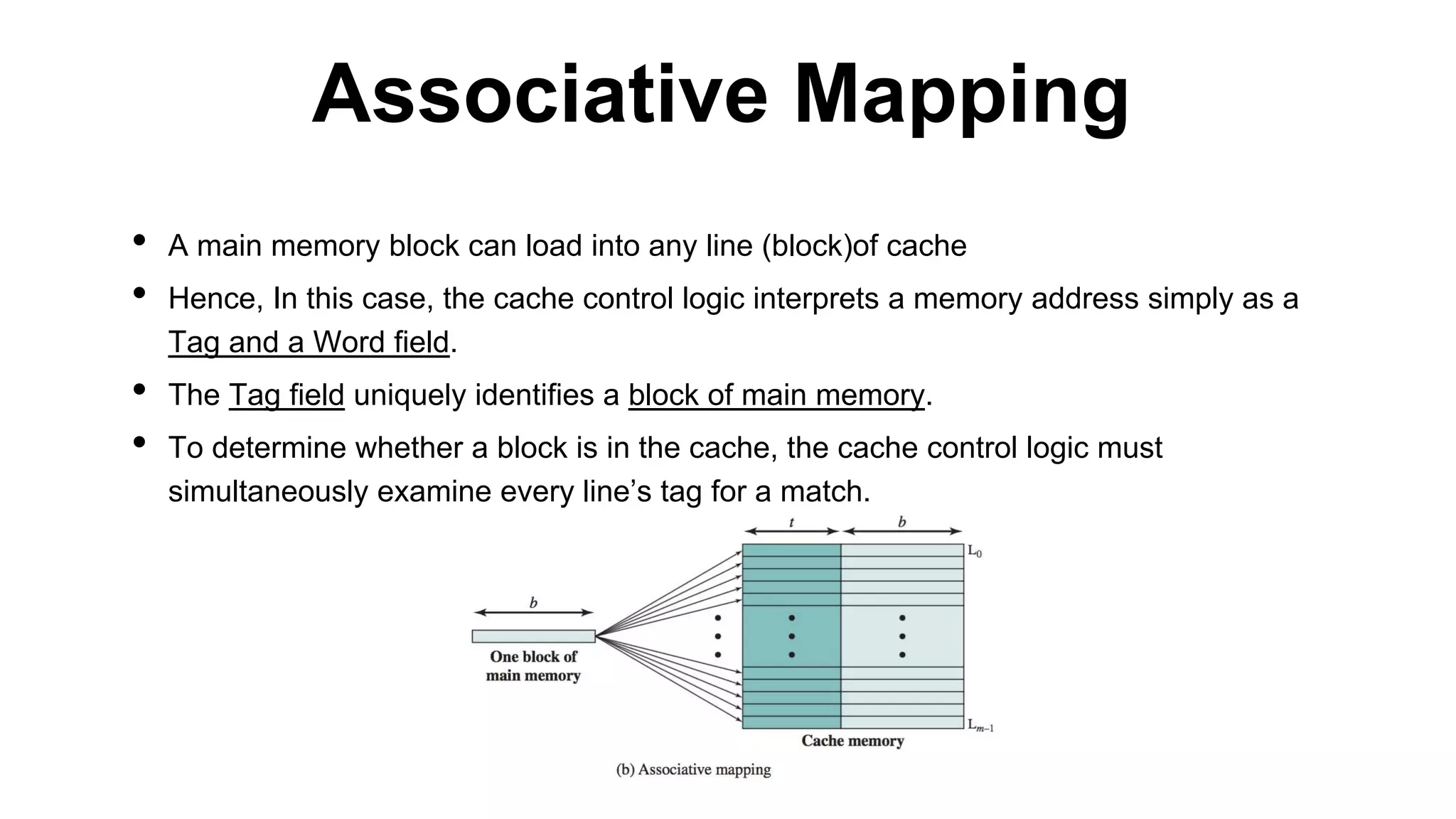 • A main memory block can load into any line (block)of cache
• Hence, In this case, the cache control logic interprets a memory address simply as a
Tag and a Word field.
• The Tag field uniquely identifies a block of main memory.
• To determine whether a block is in the cache, the cache control logic must
simultaneously examine every line’s tag for a match.
Associative Mapping
 