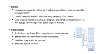 • Benefits :
• Large programs can be written, as virtual space available is huge compared to
physical memory.
• Less I/O required, leads to faster and easy swapping of processes.
• More physical memory available, as programs are stored on virtual memory, so
they occupy very less space on actual physical memory.
• Disadvantages :
• Applications run slower if the system is using virtual memory.
• It takes more time to switch between applications.
• Less hard drive space for your use.
• It reduces system stability.
 