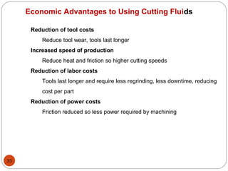 33
Economic Advantages to Using Cutting Fluids
Reduction of tool costs
Reduce tool wear, tools last longer
Increased speed of production
Reduce heat and friction so higher cutting speeds
Reduction of labor costs
Tools last longer and require less regrinding, less downtime, reducing
cost per part
Reduction of power costs
Friction reduced so less power required by machining
 