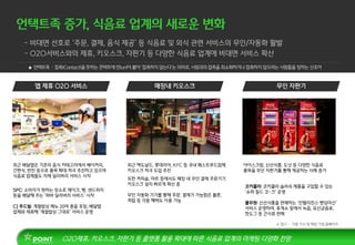 Point
최근 배달앱은 기존의 음식 카테고리에서 베이커리,
간편식, 반찬 등으로 품목 확대 적극 추진하고 있으며
식음료 업체들도 자체 딜리버리 서비스 시작
최근 맥도날드, 롯데리아, KFC 등 국내 패스트푸드업체
키오스크 적극 도입 추진
또한 커피숍, 마트 등에서도 매장 내 무인 결제 주문기기
키오스크 설치 빠르게 확산 중
무인 자동화 기기를 통해 주문, 결제가 가능함은 물론,
적립 등 각종 혜택도 이용 가능
아이스크림, 신선식품, 도넛 등 다양한 식음료
품목을 무인 자판기를 통해 제공하는 사례 증가
SPC: 소비자가 원하는 장소로 케이크, 빵, 샌드위치
등을 배달해 주는 ‘파바 딜리버리 서비스’ 시작
CJ 푸드빌: 계절밥상 메뉴 20여 종을 포장, 배달앱
업체와 제휴해 ‘계절밥상 그대로’ 서비스 운영
코카콜라: 코카콜라 슬러쉬 제품을 구입할 수 있는
‘슈퍼 칠드 코-크’ 운영
풀무원: 신선식품을 판매하는 ‘인텔리전스 벤딩머신’
서비스 운영하며, 휴게소 등에서 녹즙, 유산균음료,
핫도그 등 간식류 판매
※ 참고 - 각종 기사 및 해당 기업 홈페이지
 