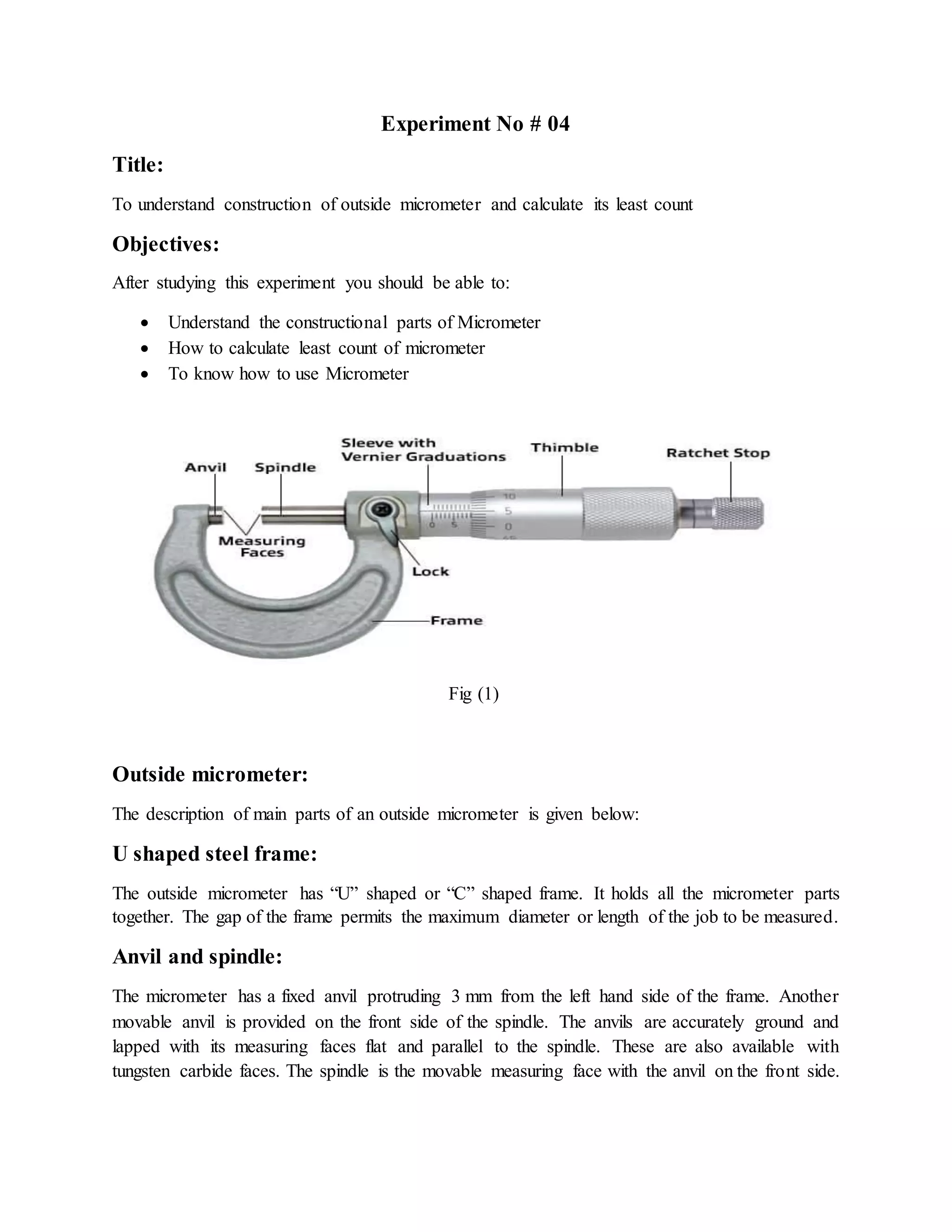 To understand construction of outside micrometer and calculate its least count PDF