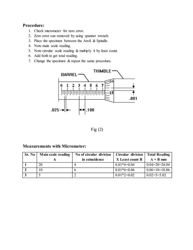 To understand construction of outside micrometer and calculate its