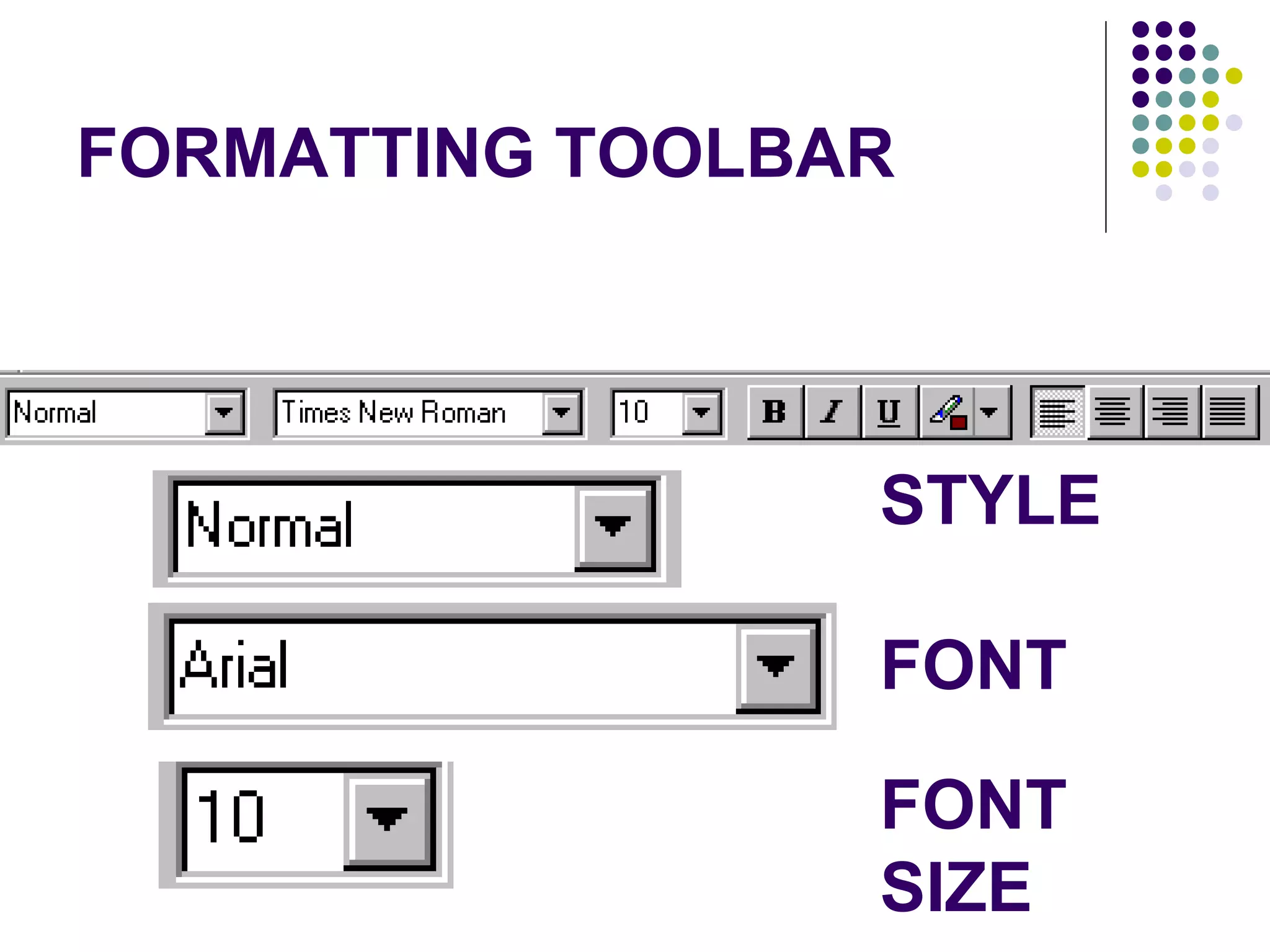 FORMATTING TOOLBAR STYLE FONT FONT SIZE 