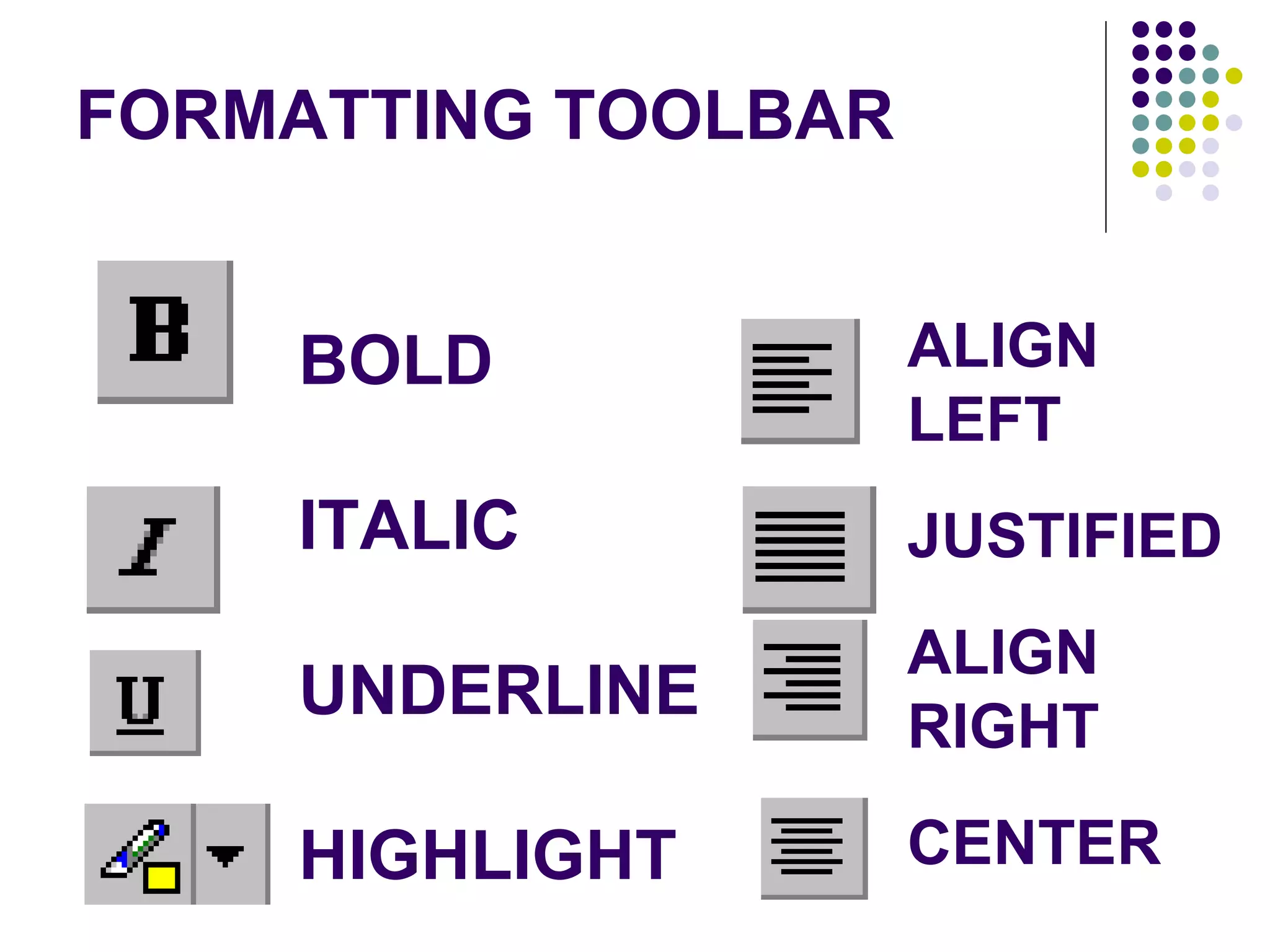 BOLD ITALIC UNDERLINE HIGHLIGHT ALIGN LEFT JUSTIFIED ALIGN RIGHT CENTER FORMATTING TOOLBAR 
