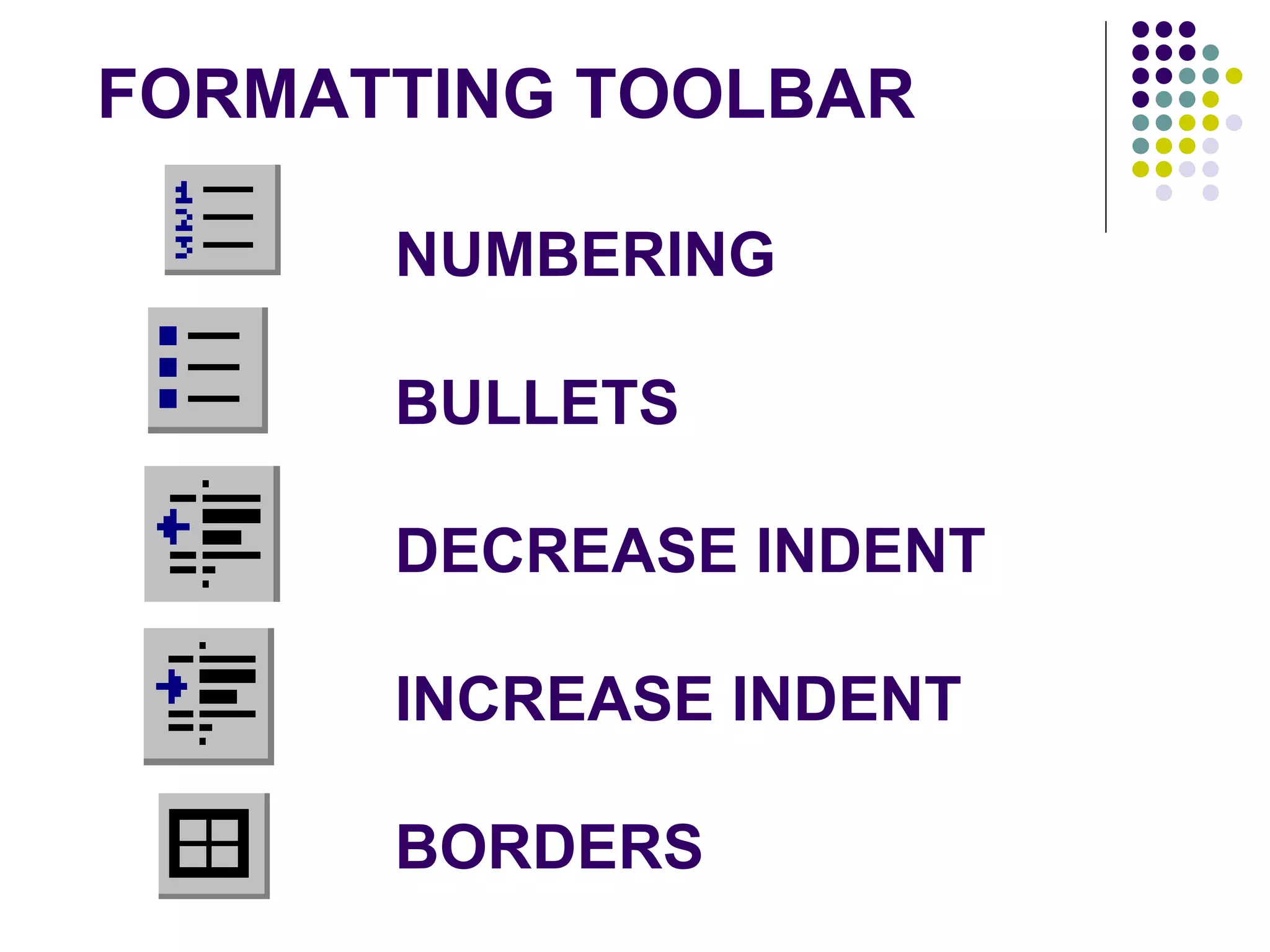 FORMATTING TOOLBAR NUMBERING BULLETS DECREASE INDENT INCREASE INDENT BORDERS 