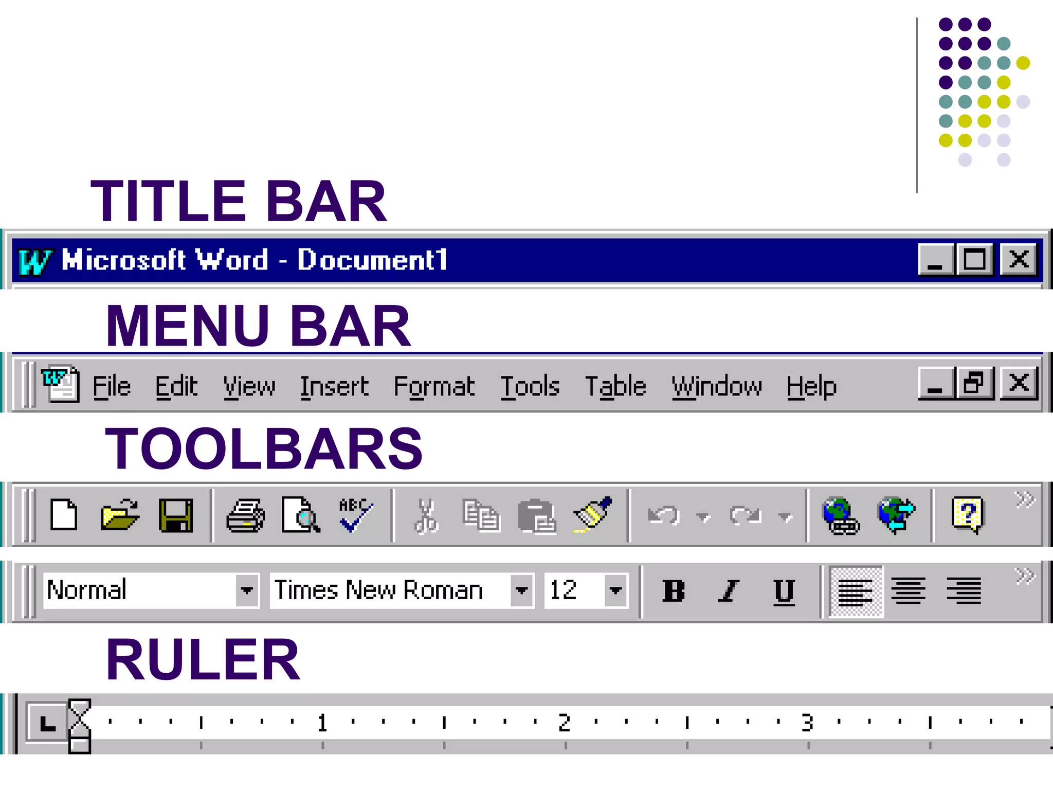 TITLE BAR MENU BAR TOOLBARS RULER 