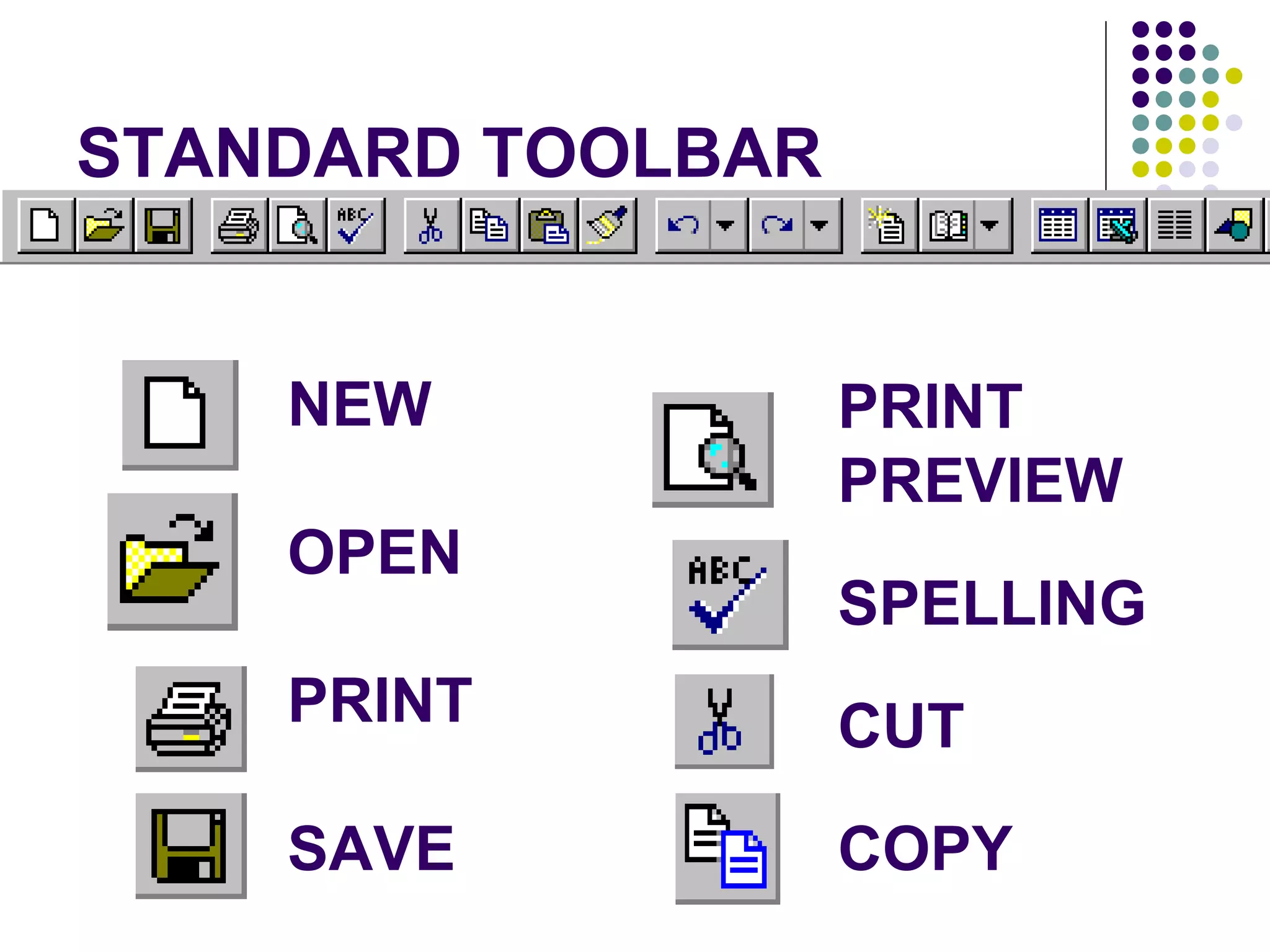 STANDARD TOOLBAR NEW OPEN PRINT SAVE PRINT PREVIEW SPELLING CUT COPY 