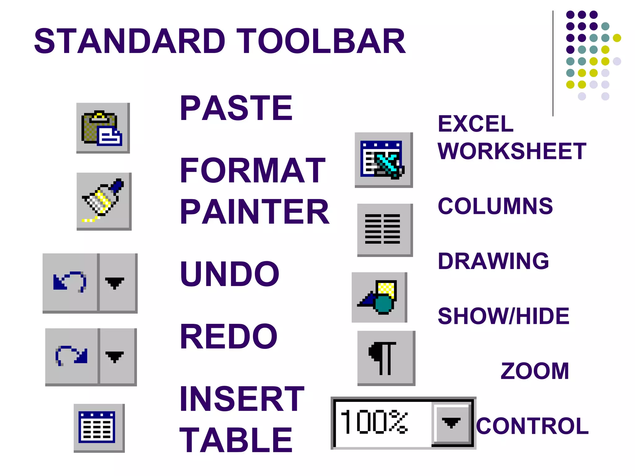STANDARD TOOLBAR PASTE FORMAT PAINTER UNDO REDO INSERT TABLE EXCEL WORKSHEET COLUMNS DRAWING SHOW/HIDE ZOOM    CONTROL 