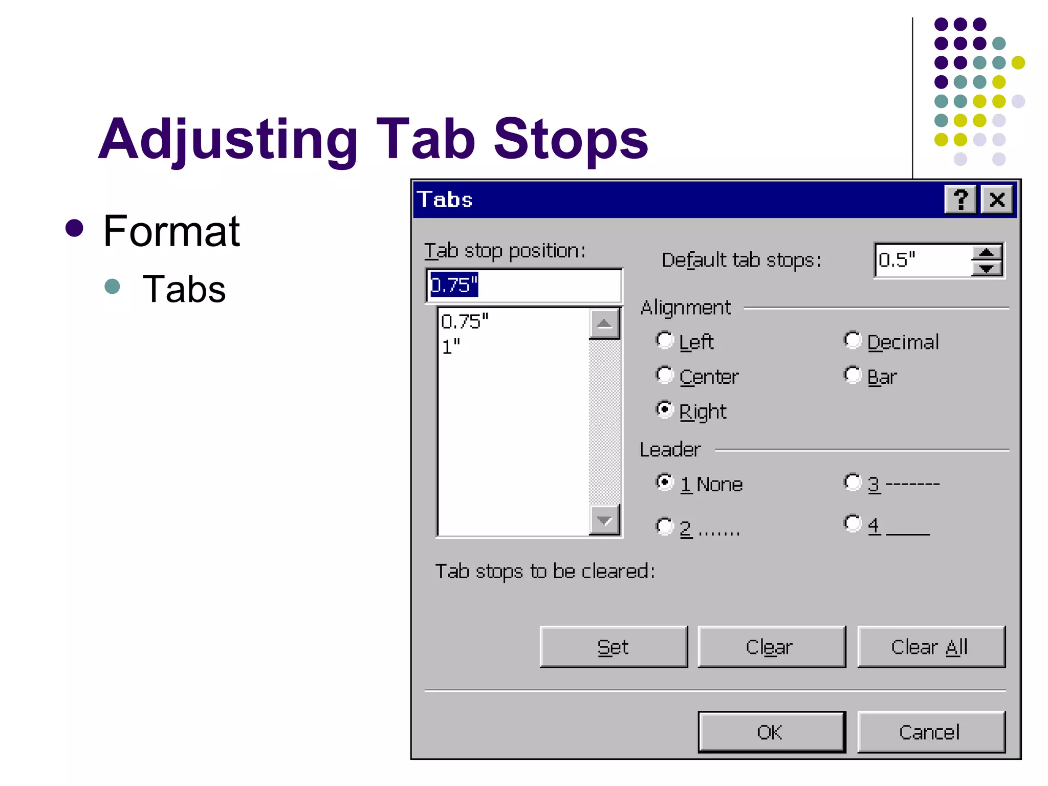 Adjusting Tab Stops Format Tabs 