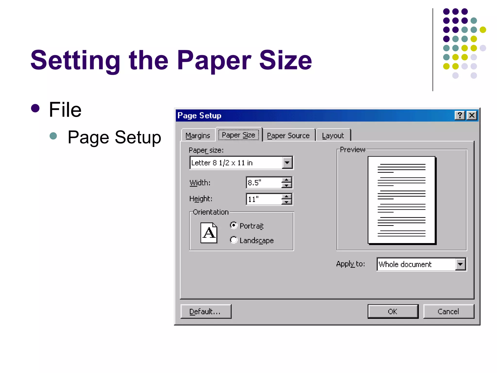 Setting the Paper Size File Page Setup 