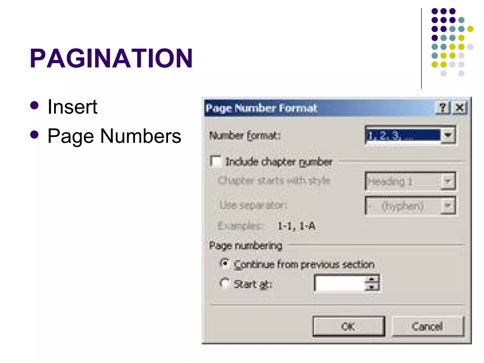 PAGINATION Insert Page Numbers 