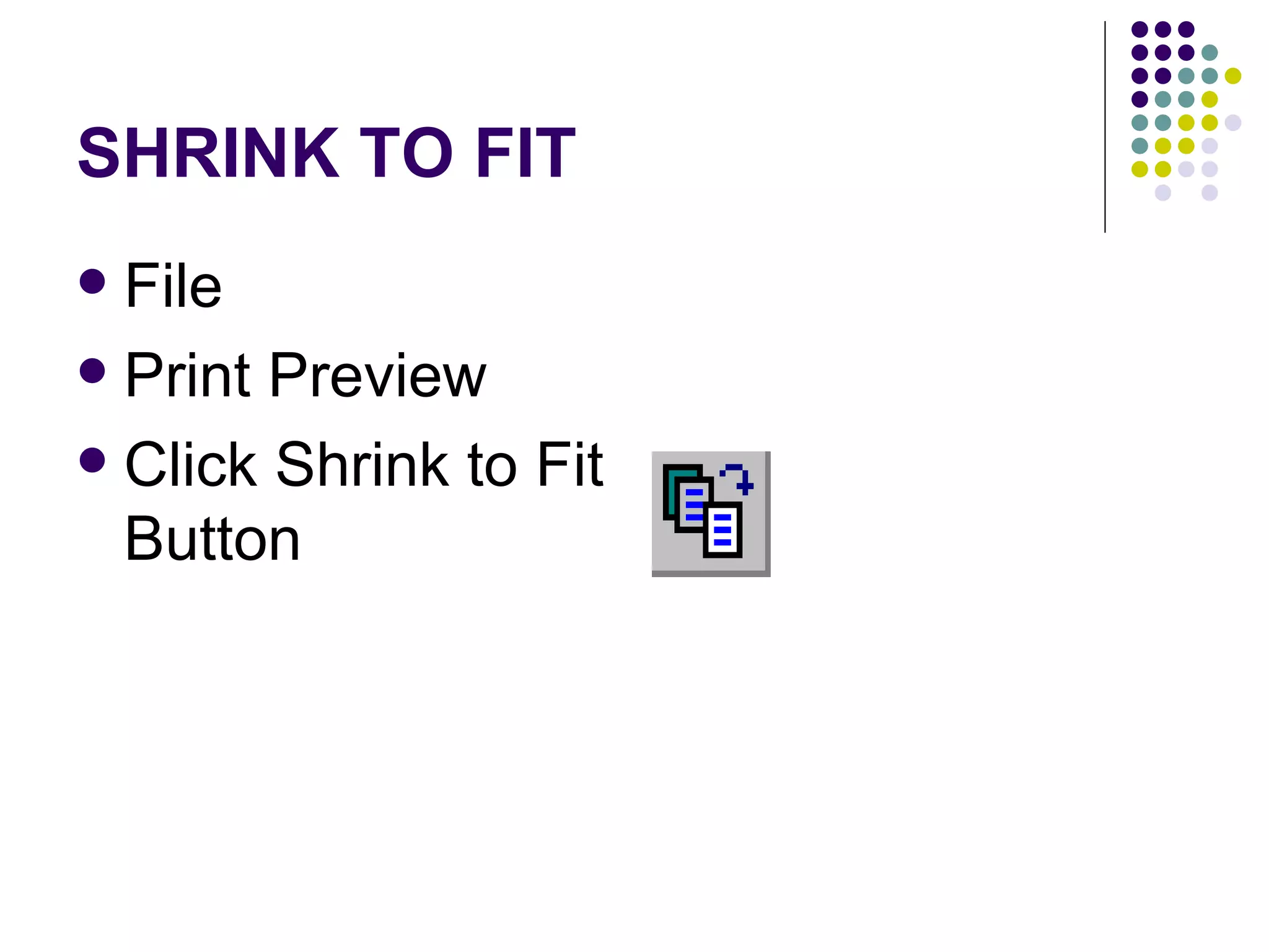 SHRINK TO FIT File Print Preview Click Shrink to Fit Button 
