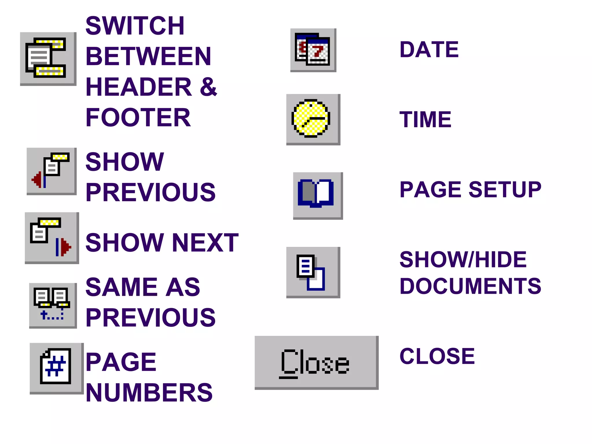 SWITCH BETWEEN HEADER & FOOTER SHOW PREVIOUS SHOW NEXT SAME AS PREVIOUS PAGE NUMBERS DATE TIME PAGE SETUP SHOW/HIDE DOCUMENTS CLOSE 