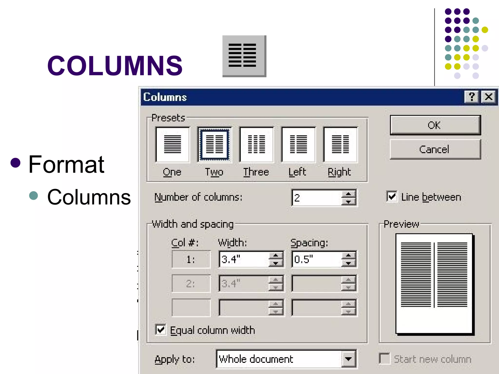 COLUMNS Format Columns 
