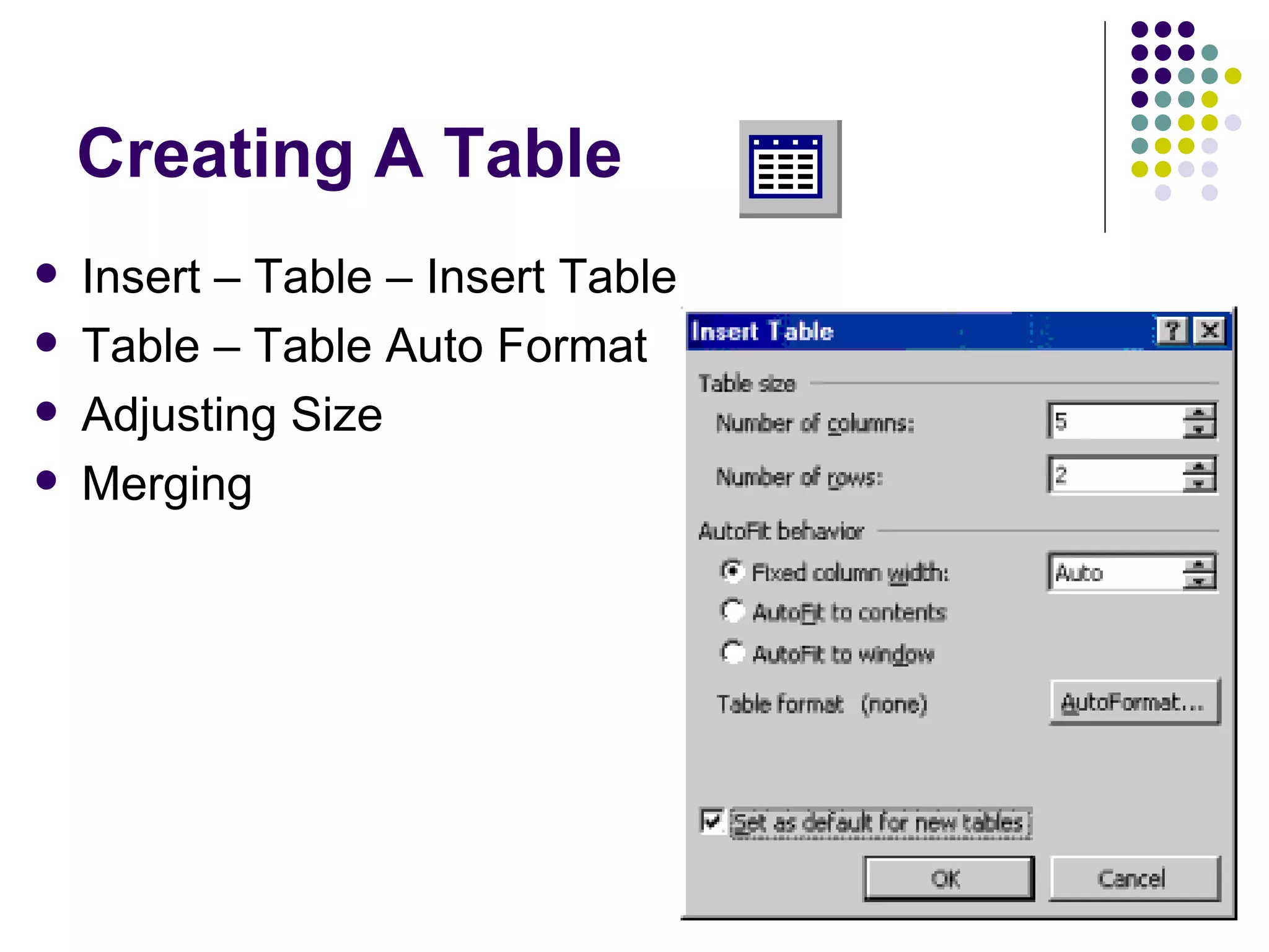 Creating A Table Insert – Table – Insert Table Table – Table Auto Format  Adjusting Size Merging 