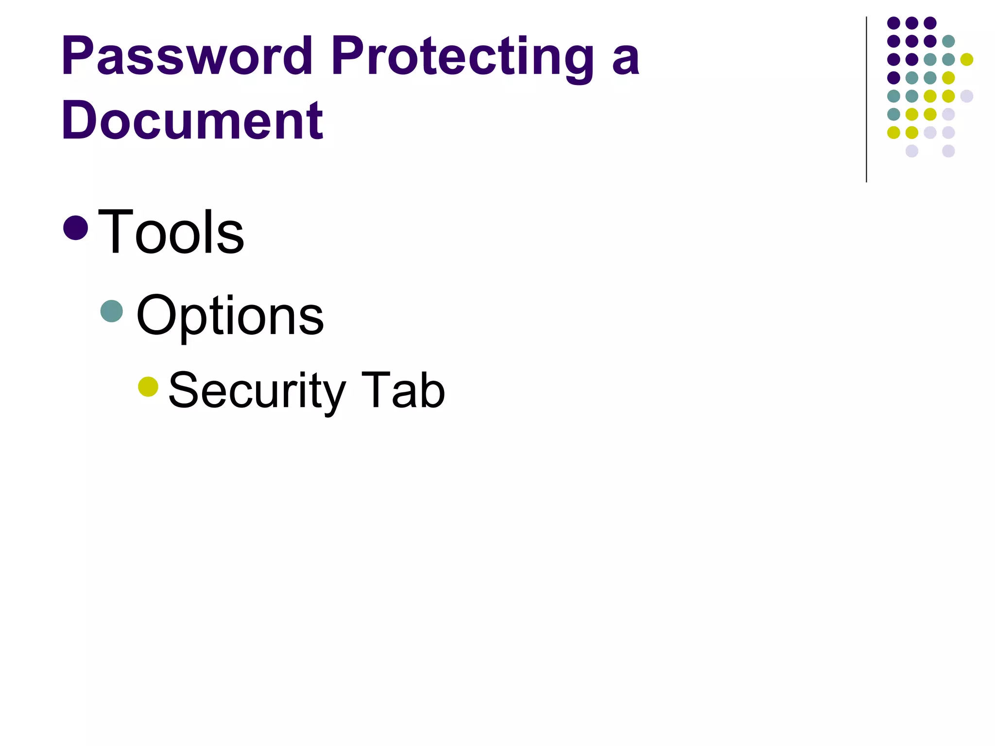 Password Protecting a Document Tools Options Security Tab 