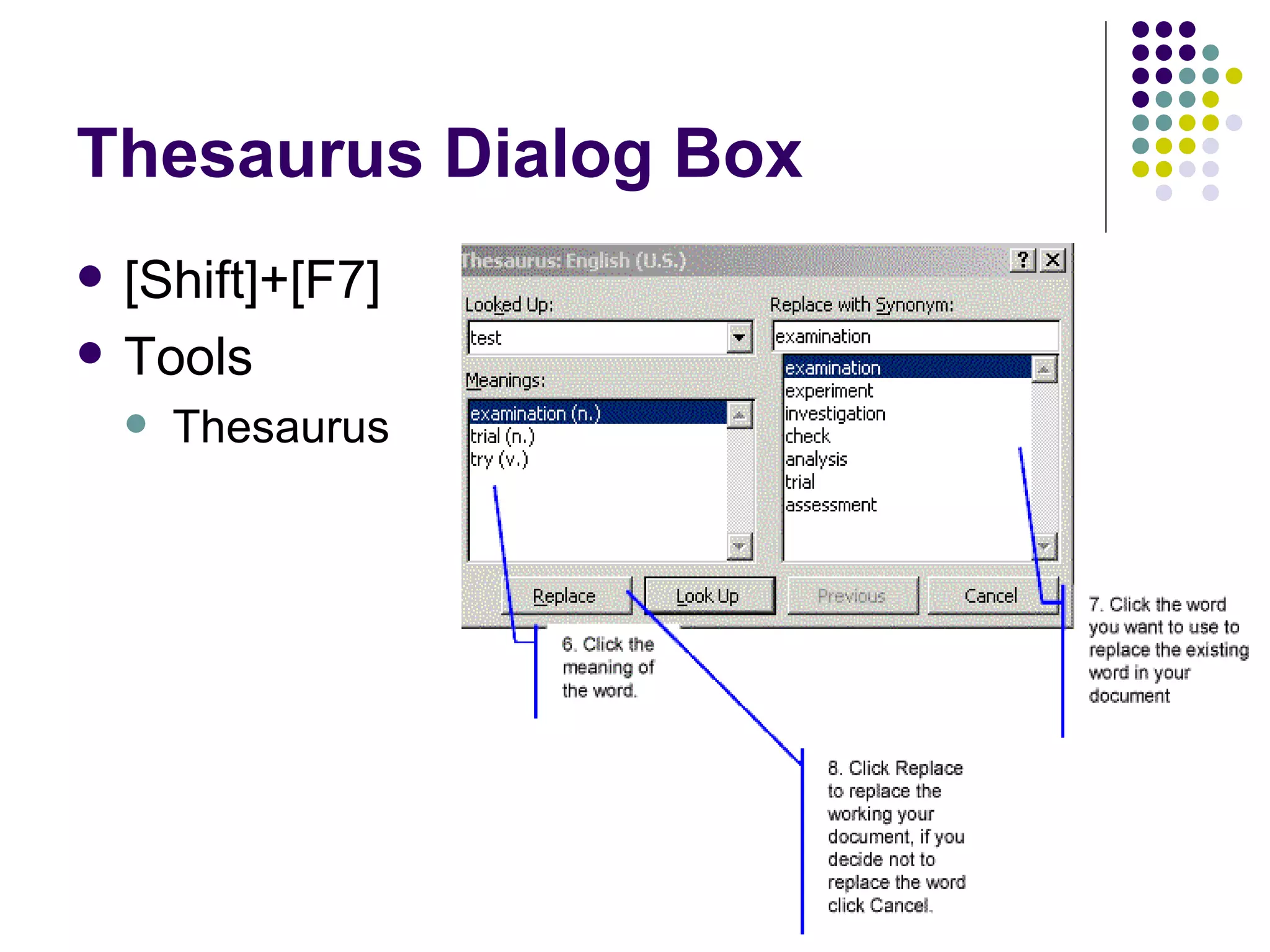 Thesaurus Dialog Box [Shift]+[F7] Tools  Thesaurus  
