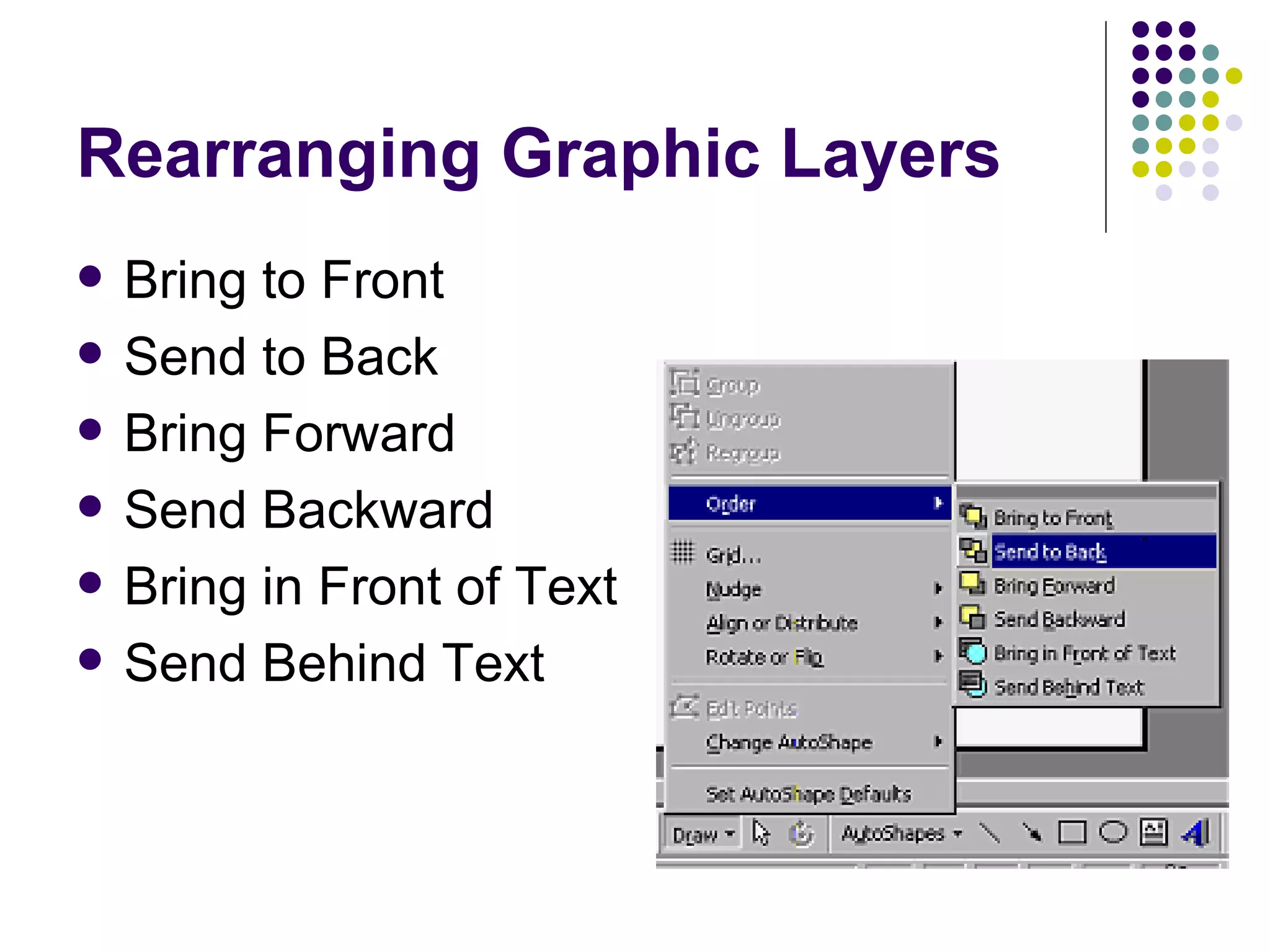 Rearranging Graphic Layers Bring to Front Send to Back Bring Forward Send Backward Bring in Front of Text Send Behind Text 