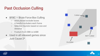 14
Past Occlusion Culling
● BFBC — Brute Force Box Culling
○ Artist placed occluder boxes
○ A handful occluders each frame
○ Selection heuristic based on size and
distance
○ Frustum from OBB vs AABB
● Used in all released games since
Just Cause 2*
 