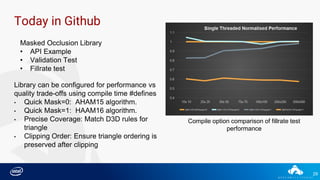 29
Today in Github
Library can be configured for performance vs
quality trade-offs using compile time #defines
• Quick Mask=0: AHAM15 algorithm.
• Quick Mask=1: HAAM16 algorithm.
• Precise Coverage: Match D3D rules for
triangle
• Clipping Order: Ensure triangle ordering is
preserved after clipping
Masked Occlusion Library
• API Example
• Validation Test
• Fillrate test
Compile option comparison of fillrate test
performance
 