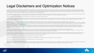 45
Legal Disclaimers and Optimization Notices
INFORMATION IN THIS DOCUMENT IS PROVIDED IN CONNECTION WITH INTEL® PRODUCTS. NO LICENSE, EXPRESS OR IMPLIED, BY ESTOPPEL OR OTHERWISE, TO ANY INTELLECTUAL PROPERTY RIGHTS IS GRANTED BY THIS DOCUMENT.
EXCEPT AS PROVIDED IN INTEL'S TERMS AND CONDITIONS OF SALE FOR SUCH PRODUCTS, INTEL ASSUMES NO LIABILITY WHATSOEVER, AND INTEL DISCLAIMS ANY EXPRESS OR IMPLIED WARRANTY, RELATING TO SALE AND/OR USE OF
INTEL PRODUCTS INCLUDING LIABILITY OR WARRANTIES RELATING TO FITNESS FOR A PARTICULAR PURPOSE, MERCHANTABILITY, OR INFRINGEMENT OF ANY PATENT, COPYRIGHT OR OTHER INTELLECTUAL PROPERTY RIGHT. Intel products
are not intended for use in medical, life saving, life sustaining, critical control or safety systems, or in nuclear facility applications.
Intel may make changes to specifications and product descriptions at any time, without notice. Designers must not rely on the absence or characteristics of any features or instructions marked "reserved" or "undefined." Intel reserves these for future definition and shall
have no responsibility whatsoever for conflicts or incompatibilities arising from future changes to them. The information here is subject to change without notice. Do not finalize a design with this information.
All products, platforms, dates, and figures specified are preliminary based on current expectations, and are subject to change without notice.
Performance tests and ratings are measured using specific computer systems and/or components and reflect the approximate performance of Intel products as measured by those tests. Any difference in system hardware or software design or configuration may affect
actual performance. Buyers should consult other sources of information to evaluate the performance of systems or components they are considering purchasing. For more information on performance tests and on the performance of Intel products, visit Intel
Performance Benchmark Limitations.
Intel processor numbers are not a measure of performance. Processor numbers differentiate features within each processor family, not across different processor families. See www.intel.com/products/processor_number for details.
Software and workloads used in performance tests may have been optimized for performance only on Intel microprocessors. Performance tests, such as SYSmark and MobileMark, are measured using specific computer systems, components, software, operations and
functions. Any change to any of those factors may cause the results to vary. You should consult other information and performance tests to assist you in fully evaluating your contemplated purchases, including the performance of that product when combined with other
products. § For more information go to www.intel.com/benchmarks.
Optimization Notice: Intel's compilers may or may not optimize to the same degree for non-Intel microprocessors for optimizations that are not unique to Intel microprocessors. These optimizations include SSE2, SSE3, and SSSE3 instruction sets and other
optimizations. Intel does not guarantee the availability, functionality, or effectiveness of any optimization on microprocessors not manufactured by Intel. Microprocessor-dependent optimizations in this product are intended for use with Intel microprocessors. Certain
optimizations not specific to Intel microarchitecture are reserved for Intel microprocessors. Please refer to the applicable product User and Reference Guides for more information regarding the specific instruction sets covered by this notice. Notice Revision
#20110804.
The Intel Core and Itanium processor families may contain design defects or errors known as errata which may cause the product to deviate from published specifications. Current characterized errata are available on request.
The benchmark results reported may need to be revised as additional testing is conducted. The results depend on the specific platform configurations and workloads utilized in the testing, and may not be applicable to any particular user’s components, computer
system or workloads. The results are not necessarily representative of other benchmarks and other benchmark results may show greater or lesser impact from mitigations.
The code names Arrandale, Bloomfield, Boazman, Boulder Creek, Calpella, Chief River, Clarkdale, Cliffside, Cougar Point, Gulftown, Huron River, Ivy Bridge, Kilmer Peak, King’s Creek, Lewisville, Lynnfield, Maho Bay, Montevina, Montevina Plus, Nehalem, Penryn,
Puma Peak, Rainbow Peak, Sandy Bridge, Sugar Bay, Tylersburg, and Westmere presented in this document are only for use by Intel to identify a product, technology, or service in development, that has not been made commercially available to the public, i.e.,
announced, launched or shipped. It is not a "commercial" name for products or services and is not intended to function as a trademark.
Contact your local Intel sales office or your distributor to obtain the latest specifications and before placing your product order.
Copies of documents which have an order number and are referenced in this document, or other Intel literature, may be obtained by calling 1-800-548-4725, or by visiting Intel's Web Site.
Intel, Intel Core, Core Inside, Itanium, and the Intel Logo are trademarks of Intel Corporation in the U.S. and other countries.
*Other names and brands may be claimed as the property of others.
Intel collects and uses personal information from employees as part of SES, including capturing audio recording of sessions ( both presenters and audience QA ) as well as photographs and video recording of various event activities during the event. By registering and
attending the SES conference, you give your consent for this capture. This includes both speakers and attendees. Intel will not retain your personal information longer than is necessary for the purposes for which it is collected.
 