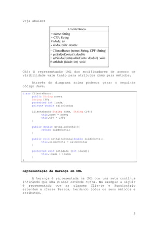 Veja abaixo:

                              ClienteBanco
                 + nome: String
                 ~ CPF: String
                 # idade: int
                 - saldoConta: double
                 ~ ClienteBanco (nome: String, CPF: String)
                 + getSaldoConta () :double
                 + setSaldoConta(saldoConta: double) :void
                 # setIdade (idade: int) :void


OBS: A representação UML dos modificadores de acesso de
visibilidade vale tanto para atributos como para métodos.

     Através do diagrama acima podemos gerar o seguinte
código Java.

class ClienteBanco{
      public String nome;
      String CPF;
      protected int idade;
      private double saldoConta;

     ClienteBanco(String nome, String CPF){
           this.nome = nome;
           this.CPF = CPF;
     }

     public double getSaldoConta(){
           return saldoConta;
     }

     public void setSaldoConta(double saldoConta){
           this.saldoConta = saldoConta;
     }

     protected void setIdade (int idade){
           this.idade = idade;
     }
}



Representação de Herança em UML

     A herança é representada na UML com uma seta contínua
indicando que uma classe estende outra. No exemplo a seguir
é representado que as classes Cliente e Funcionário
estendem a classe Pessoa, herdando todos os seus métodos e
atributos.




                                                              3
 