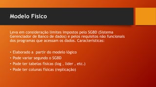Modelo Físico
Leva em consideração limites impostos pelo SGBD (Sistema
Gerenciador de Banco de dados) e pelos requisitos não funcionais
dos programas que acessam os dados. Características:
• Elaborado a partir do modelo lógico
• Pode variar segundo o SGBD
• Pode ter tabelas físicas (log , lider , etc.)
• Pode ter colunas físicas (replicação)
 
