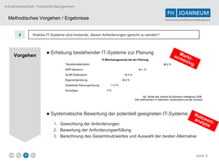 Industriewirtschaft / Industrial Management


  Methodisches Vorgehen / Ergebnisse                                                                                  Industriewirtschaft/Industrial Management




        2        Welche IT-Systeme sind imstande, diesen Anforderungen gerecht zu werden?



                         ■ Erhebung bestehender IT-Systeme zur Planung                                                          M
     Vorgehen                                                                                                                 scr arkt
                                                                 IT-Werkzeugeinsatz bei der Planung                              een -
                                     Tabellenkalkulation                                                             86,2 %
                                                                                                                                    in g
                                     ERP-Systeme                                             50,1 %

                                     OLAP-Datenbank                              30,4 %

                                     Eigenentwicklung                           26,9 %

                                     Dezidierte Planungslösung         11,2 %

                                     Sonstiges                      6%

                                                                                                Vgl. Studie des Instituts für Business Intelligence 2008.
                                                                                          349 Unternehmen in Österreich, Deutschland und der Schweiz




                         ■ Systematische Bewertung der potentiell geeigneten IT-Systeme                                                          Nu
                                                                                                                                                   t
                                                                                                                                                 anazwer
                              1. Gewichtung der Anforderungen                                                                                        lys t-
                                                                                                                                                        e
                              2. Bewertung der Anforderungserfüllung
                              3. Berechnung des Gesamtnutzwertes und Auswahl der besten Alternative



                                                                                                                                                   Seite 8
 