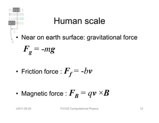 0101011
0000000
1110100
0110001             Human scale
  1
      • Near on earth surface: gravitational force
 0

           Fg = -mg

      • Friction force : Ff    = -bv

      • Magnetic force : FB         = qv ×B
      v2011.09.20     FI3102 Computational Physics   12
 