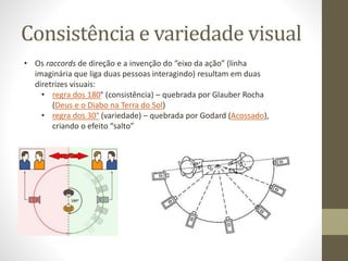Consistência e variedade visual
• Os raccords de direção e a invenção do “eixo da ação” (linha
imaginária que liga duas pessoas interagindo) resultam em duas
diretrizes visuais:
• regra dos 180° (consistência) – quebrada por Glauber Rocha
(Deus e o Diabo na Terra do Sol)
• regra dos 30° (variedade) – quebrada por Godard (Acossado),
criando o efeito “salto”
 