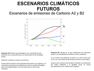 ESCENARIOS CLIMÁTICOS
FUTUROS
Escenarios de emisiones de Carbono A2 y B2
Escenario A2. Mundo muy heterogéneo. Sus características más
distintivas son la autosuficiencia y la conservación de las entidades
locales.
Población mundial en continuo crecimiento.
El desarrollo económico está orientado básicamente a las regiones, y el
crecimiento económico por habitante así como el cambio tecnológico
están más fragmentados y son más lentos que en otras líneas
evolutivas.
Escenario B2. Mundo en el que predominan las soluciones
locales a la sostenibilidad económica, social y ambiental.
Es un mundo cuya población aumenta a un ritmo menor que
en A2, con unos niveles de desarrollo económico intermedios.
Aunque este escenario está también orientado a la protección
del medio ambiente y la igualdad social, se centra
principalmente en los niveles local y regional.
 