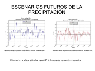 Tendencia de la precipitación media anual, escenario A2. Tendencia de la precipitación media anual, escenario B2.
ESCENARIOS FUTUROS DE LA
PRECIPITACIÓN
El trimestre de julio a setiembre es casi 15 % de aumento para ambos escenarios.
 
