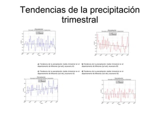 Tendencias de la precipitación
trimestral
a): Tendencia de la precipitación media trimestral en el
departamento de Misiones (jul-set), escenario A2.
b) Tendencia de la precipitación media trimestral en el
departamento de Misiones (jul-set), escenario B2.
c): Tendencia de la precipitación media trimestral en el
departamento de Misiones (oct-dic), escenario A2.
d) Tendencia de la precipitación media trimestral en el
departamento de Misiones (oct-dic), escenario B2.
 