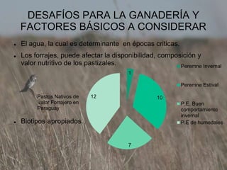 DESAFÍOS PARA LA GANADERÍA Y
FACTORES BÁSICOS A CONSIDERAR
 El agua, la cual es determinante en épocas criticas.
 Los forrajes, puede afectar la disponibilidad, composición y
valor nutritivo de los pastizales.
 Biotipos apropiados.
1
10
7
12
Peremne Invernal
Peremne Estival
P.E. Buen
comportamiento
invernal
P.E de humedales
Pastos Nativos de
Valor Forrajero en
Paraguay
 