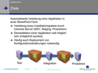 Deployment


 Ziele

          Automatisierte Verteilung einer Applikation in
          einer SharePoint Farm
           Verteilung eines Installationspakets durch
             mehrere Server (DEV, Staging, Produktion)
           Deinstallation einer Applikation soll möglich
             sein (möglichst spurlos)
           Häufig auch Deployment von
             Konfigurationsänderungen notwendig




                     Test                     Integration                        Produktion
 www.steria-mummert.de     21.01.2010   43
                                                © Steria Mummert Consulting AG
 