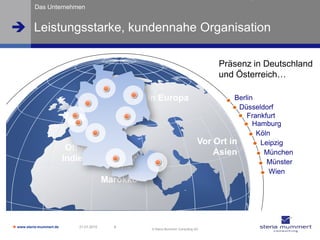 Das Unternehmen


 Leistungsstarke, kundennahe Organisation

                                                                                     Präsenz in Deutschland
                                                                                     und Österreich…

                                           Präsenz in Europa                             Berlin
                                                                                           Düsseldorf
                                                                                             Frankfurt
                                                                                               Hamburg
                                                                                                Köln
                                                                                Vor Ort in       Leipzig
                           Off-/Nearshore in                                        Asien         München
                          Indien, Osteuropa                                                        Münster
                                        und                                                         Wien
                                   Marokko




 www.steria-mummert.de       21.01.2010   6
                                                   © Steria Mummert Consulting AG
 