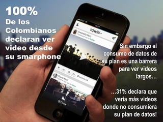 100%
De los
Colombianos
declaran ver
video desde
su smarphone
Sin embargo el
consumo de datos de
su plan es una barrera
para ver videos
largos…
…31% declara que
vería más videos
donde no consumiera
su plan de datos!
 