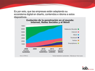 Es por esto, que las empresas están adaptando su
ecosistema digital en diseño, contenidos e idioma a estos
dispositivos.
 