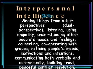 Interpersonal Intelligence <ul><li>Skills: Seeing things from other perspectives  (dual-perspective), listening, using emp...